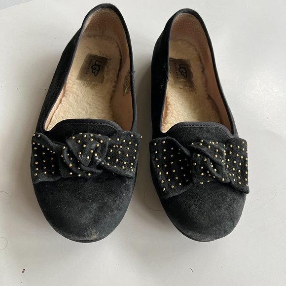 UGG Alloway Studded Bow Womens Meena Jav Moccassin Black Suede Wool Shoes Size 7 - Picture 3 of 6